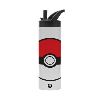 Pokemon ball, Metallic thermos bottle with straw & handle, stainless steel (Stainless steel 304), double-walled, 600ml.