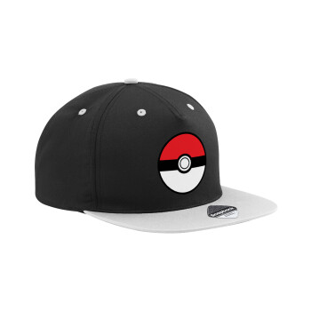 Pokemon ball, Adult Flat Snapback Hat Black/Grey, (100% COTTON TWILL, ADULT, UNISEX, ONE SIZE)