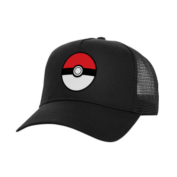 Pokemon ball, Structured Trucker Adult Hat, with Mesh, Black (100% COTTON, ADULT, UNISEX, ONE SIZE)