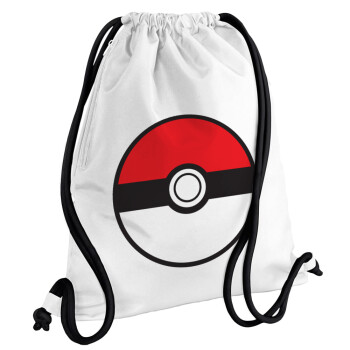 Pokemon ball, Τσάντα πλάτης πουγκί GYMBAG λευκή, με τσέπη (40x48cm) & χονδρά κορδόνια