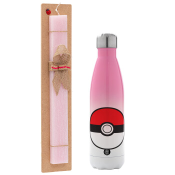 Pokemon ball, Easter Set, Metallic pink/white (Stainless steel) thermos, double-walled, 500ml & aromatic flat Easter candle (30cm) (PINK)