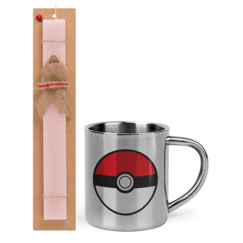 Pokemon ball, Easter Set, metallic thermal cup (300ml) & aromatic flat Easter candle (30cm) (PINK)