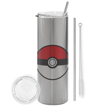 Pokemon ball, Tumbler ποτήρι θερμό Ασημένιο από ανοξείδωτο ατσάλι 600ml, με μεταλλικό καλαμάκι & βούρτσα καθαρισμού