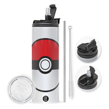 Pokemon ball, Travel Tumbler 2 Lids, with metal straw & cleaning brush (Stainless steel 304 Food grade, BPA free, 600ml)