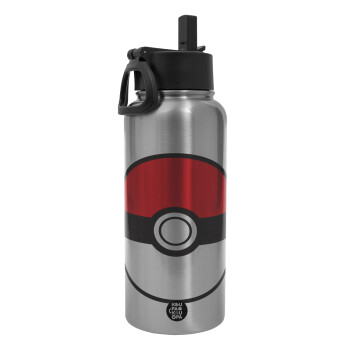 Pokemon ball, Metal mug thermo Silver with Straw and Spout Lid (Stainless steel), double wall, 950ml