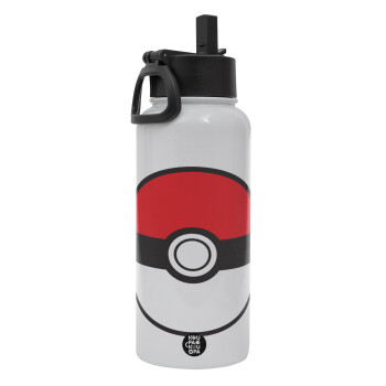 Pokemon ball, Metal mug thermo White with Straw and Spout Lid (Stainless steel), double wall, 950ml