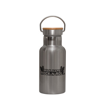 Milk, Naps, Rock N Roll, Stainless steel metallic thermos flask, silver with a bamboo lid, double-walled, 350ml.