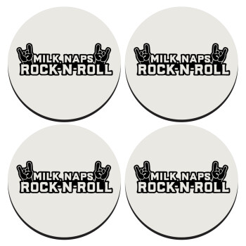 Milk, Naps, Rock N Roll, SET of 4 round wooden coasters (9cm)