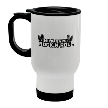 Milk, Naps, Rock N Roll, Stainless steel travel mug with lid, double wall white 450ml