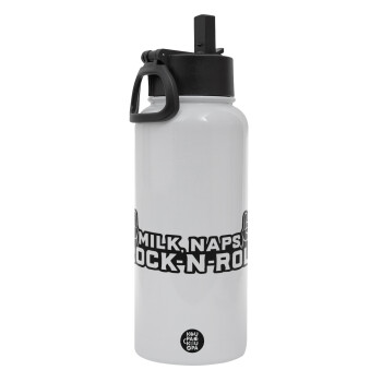 Milk, Naps, Rock N Roll, Metal mug thermo White with Straw and Spout Lid (Stainless steel), double wall, 950ml