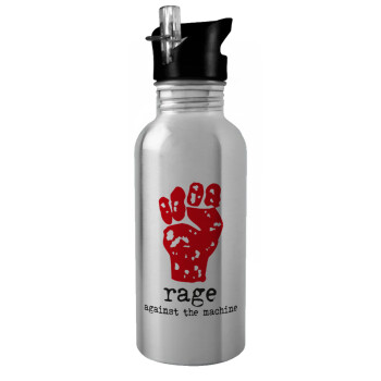 Rage against the machine, Water bottle Silver with straw, stainless steel 600ml