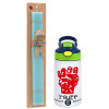 Easter Set, Children's thermal stainless steel bottle with safety straw, green/blue (350ml) & aromatic flat Easter candle (30cm) (TURQUOISE)