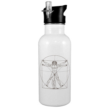 Leonardo da vinci Vitruvian Man, White water bottle with straw, stainless steel 600ml