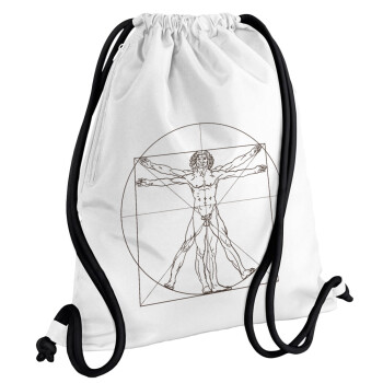 Leonardo da vinci Vitruvian Man, Τσάντα πλάτης πουγκί GYMBAG λευκή, με τσέπη (40x48cm) & χονδρά κορδόνια