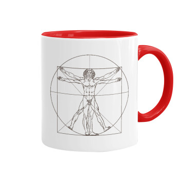 Leonardo da vinci Vitruvian Man, Κούπα χρωματιστή κόκκινη, κεραμική, 330ml