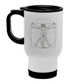 Leonardo da vinci Vitruvian Man, Stainless steel travel mug with lid, double wall white 450ml