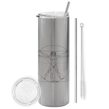 Leonardo da vinci Vitruvian Man, Eco friendly stainless steel Silver tumbler 600ml, with metal straw & cleaning brush