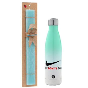 Just Don't Do it!, Easter Set, Metallic green/white thermos (Stainless steel), double-walled, 500ml & scented flat Easter candle (30cm) (TURQUOISE)