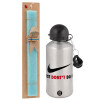 Easter Set, metallic silver aluminum water bottle (500ml) & scented flat Easter candle (30cm) (TURQUOISE)