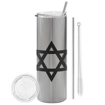 star of david, Eco friendly stainless steel Silver tumbler 600ml, with metal straw & cleaning brush