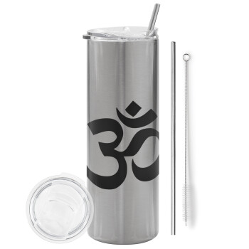 Om, Eco friendly stainless steel Silver tumbler 600ml, with metal straw & cleaning brush