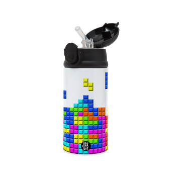 Tetris blocks, Children's hot water bottle, stainless steel, with safety straw, Black (360ml) BPA-FREE