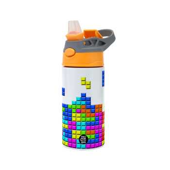 Tetris blocks, Children's hot water bottle, stainless steel, with safety straw, Orange/Grey (360ml) BPA-FREE