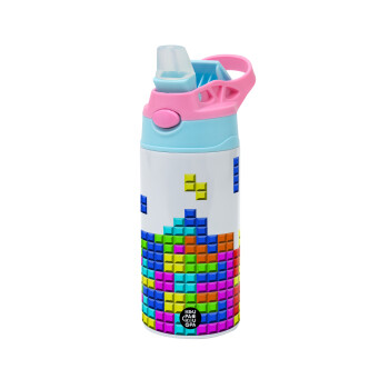 Tetris blocks, Children's hot water bottle, stainless steel, with safety straw, Pink/BlueCiel (360ml) BPA FREE