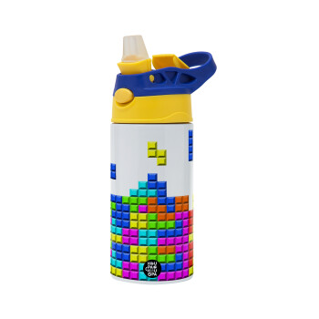 Tetris blocks, Children's hot water bottle, stainless steel, with safety straw, green, blue (360ml) BPA FREE