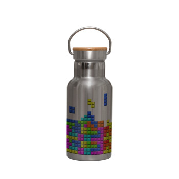 Tetris blocks, Stainless steel metallic thermos flask, silver with a bamboo lid, double-walled, 350ml.