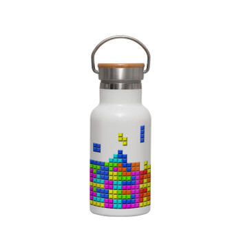 Tetris blocks, Metallic thermos (Stainless steel) White with wooden lid (bamboo), double-walled, 350ml