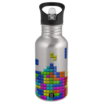 Tetris blocks, Water bottle Silver with straw, stainless steel 500ml
