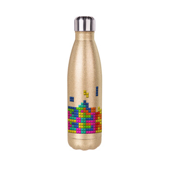 Tetris blocks, Μεταλλικό παγούρι θερμός Glitter χρυσό (Stainless steel), διπλού τοιχώματος, 500ml