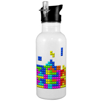 Tetris blocks, White water bottle with straw, stainless steel 600ml
