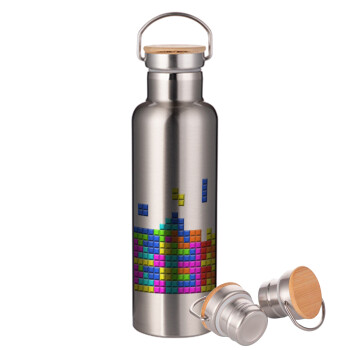 Tetris blocks, Μεταλλικό παγούρι θερμός (Stainless steel) Ασημένιο με ξύλινο καπακι (bamboo), διπλού τοιχώματος, 750ml