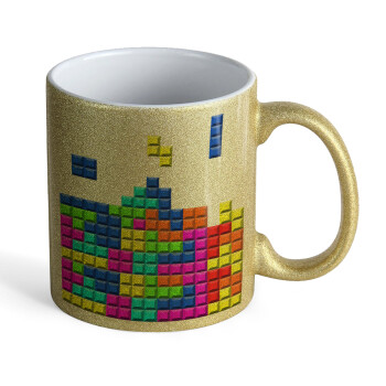 Tetris blocks, Κούπα Χρυσή Glitter που γυαλίζει, κεραμική, 330ml