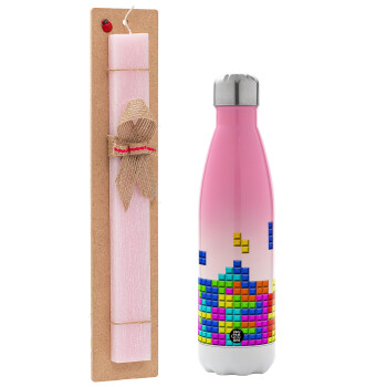 Tetris blocks, Easter Set, Metallic pink/white (Stainless steel) thermos, double-walled, 500ml & aromatic flat Easter candle (30cm) (PINK)