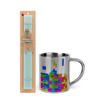 Tetris blocks, Easter Set, metallic thermal cup (300ml) & aromatic flat Easter candle (30cm) (TURQUOISE)