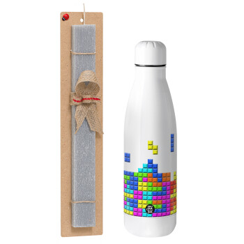 Tetris blocks, Πασχαλινό Σετ, μεταλλικό παγούρι Inox (700ml) & πασχαλινή λαμπάδα αρωματική πλακέ (30cm) (ΓΚΡΙ)