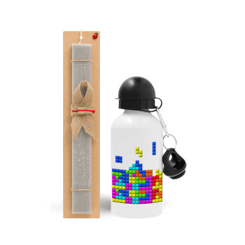 Tetris blocks, Πασχαλινό Σετ, παγούρι μεταλλικό  αλουμινίου (500ml) & πασχαλινή λαμπάδα αρωματική πλακέ (30cm) (ΓΚΡΙ)
