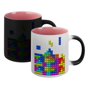 Tetris blocks, Κούπα Μαγική εσωτερικό ΡΟΖ, κεραμική 330ml που αλλάζει χρώμα με το ζεστό ρόφημα