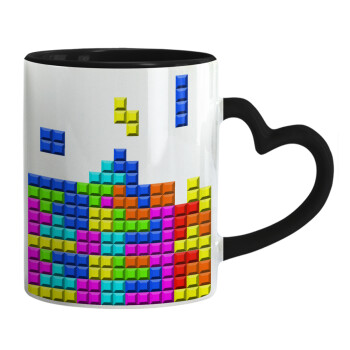 Tetris blocks, Κούπα καρδιά χερούλι μαύρη, κεραμική, 330ml