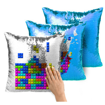 Tetris blocks, Μαξιλάρι καναπέ Μαγικό Μπλε με πούλιες 40x40cm περιέχεται το γέμισμα