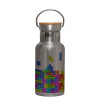 Stainless steel metallic thermos flask, silver with a bamboo lid, double-walled, 350ml.