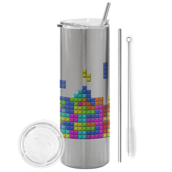 Tetris blocks, Tumbler ποτήρι θερμό Ασημένιο από ανοξείδωτο ατσάλι 600ml, με μεταλλικό καλαμάκι & βούρτσα καθαρισμού