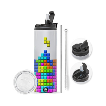 Tetris blocks, Travel Tumbler θερμό με διπλό καπάκι, μεταλλικό καλαμάκι και βούρτσα καθαρισμού (Ανωξείδωτο 304 Food grade, BPA free, 600ml)