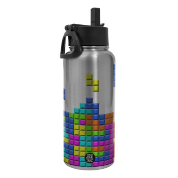 Tetris blocks, Μεταλλικό παγούρι θερμός Silver με καλαμάκι και χερούλι (Stainless steel), διπλού τοιχώματος, 950ml