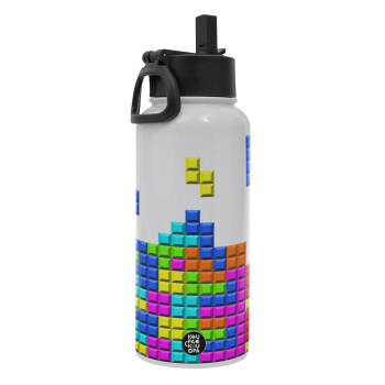 Tetris blocks, Μεταλλικό παγούρι θερμός Λευκό με καλαμάκι και χερούλι (Stainless steel), διπλού τοιχώματος, 950ml