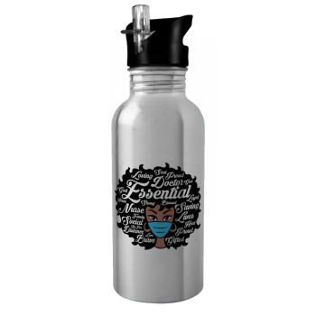 i love melanin, Water bottle Silver with straw, stainless steel 600ml