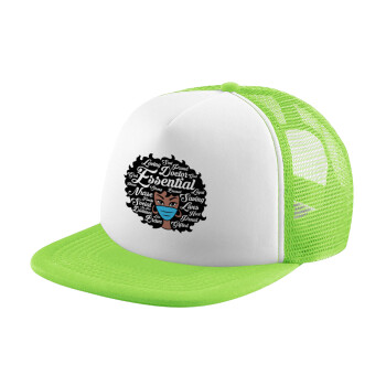 i love melanin, Adult Soft Trucker Hat with Mesh GREEN/WHITE (POLYESTER, ADULT, ONE SIZE)